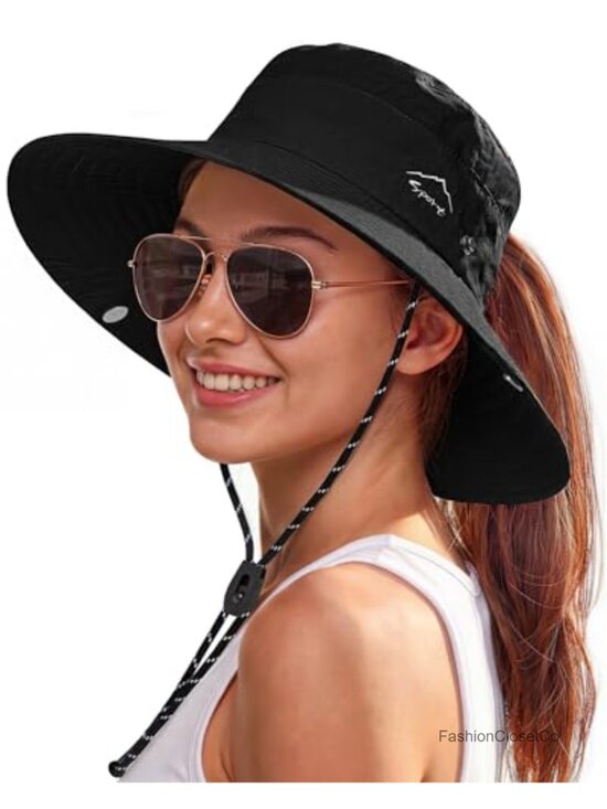 Accessories - UPF 50+ Wide Brim Sun Hat with Ponytail Hole - Packable Bucket Hat for Hiking